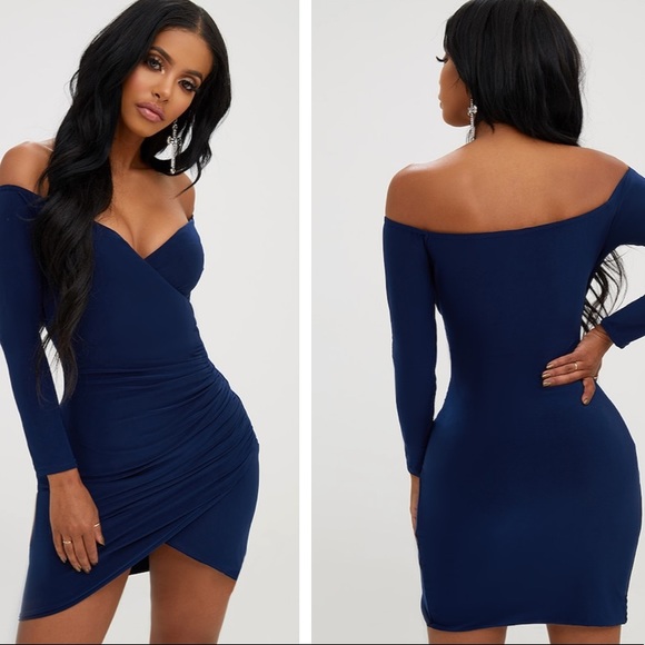 PRETTYLITTLETHING Shape Navy Ruched Bardot Bodycon Dress - Picture 2 of 5